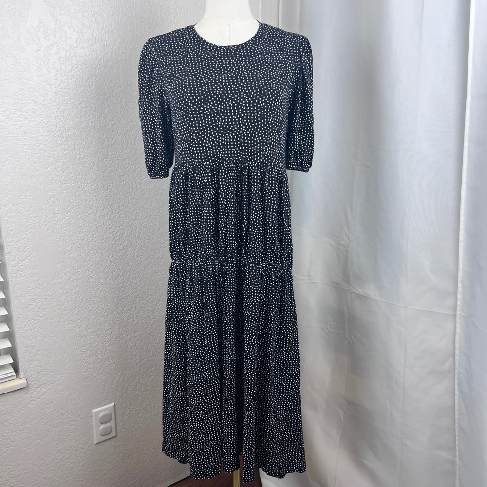Zara Polka Dot Midi Dress Womens M Black White Tiered Puff Short Sleeve Boho